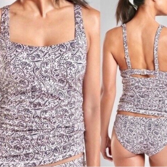 Athleta Paisley Print Ruched Tankini 34B/C Tan Cream Swimwear Top Vacation - Picture 1 of 11